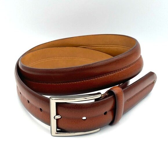 Chaps Brown Leather Belt Men's Size 34-36 Silver Toned Buckle Stitched Neutral - Picture 1 of 5